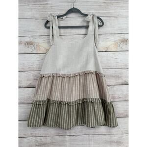 MINE Anthropologie Striped Tank Mini Dress Womens Large White Beige Lined tie